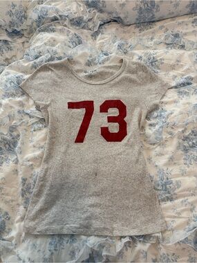 Brandy Melville Light Gray Short Sleeve Tee with Red '73' Graphic